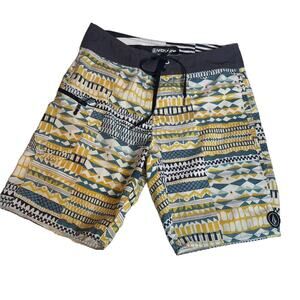 VOLCOM 29‎ Blue Yellow Boardshort Swim Trunks Zip Pocket Drawstring Black